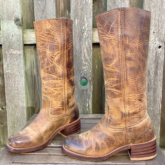 FRYE Campus 14L USA Distressed Tan Brown Leather Chunky Heel Boots, Size 6.5 - Picture 2 of 5